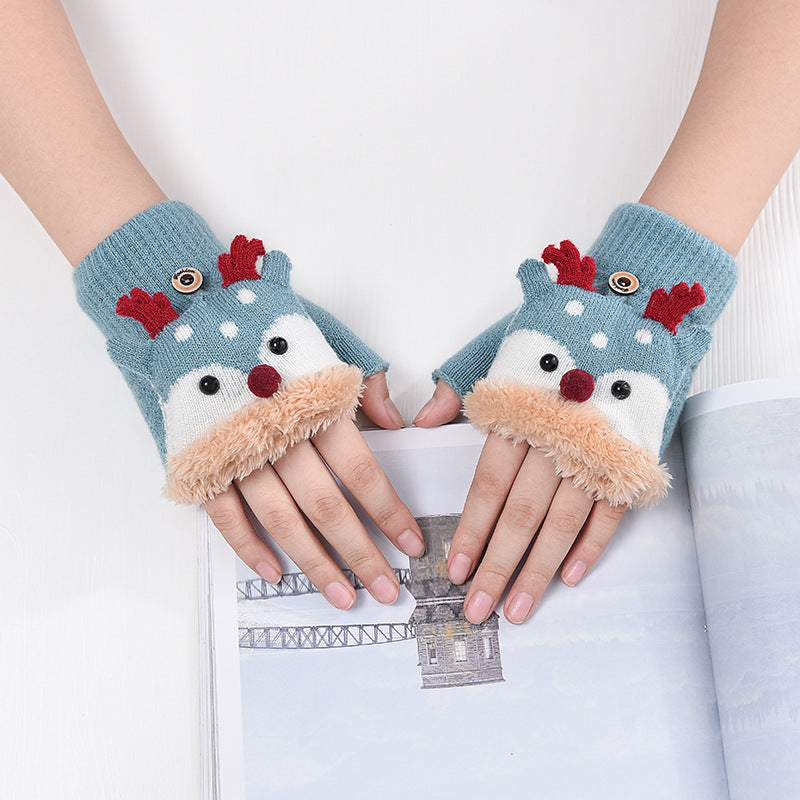 Wholesale Children's Winter Plush and Thick Flip Half Finger Knitted Cartoon Imitation Cashmere Gloves
