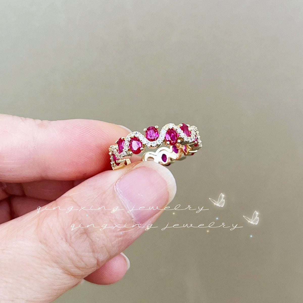 Wholesale Colorful Ring with Red Ruby and Zircon Adjustable Open Ring