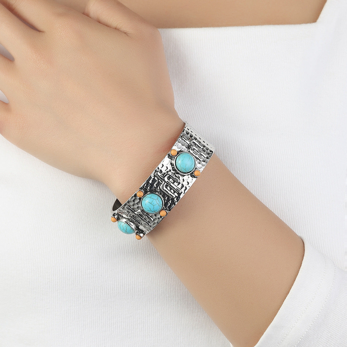 Wholesale Western Style Vintage Turquoise Cactus Carved Metal Bracelet