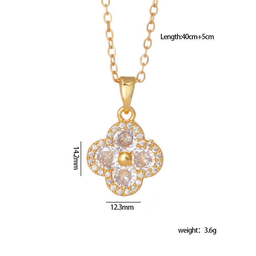 Wholesale Full Diamond Zircon Lucky Color Diamond Clover Titanium steel necklace