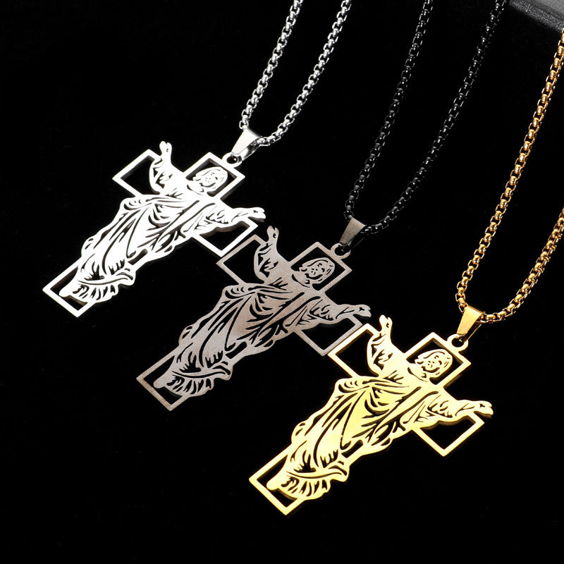 Wholesale Stainless Steel Hollow Men's Vintage Titanium Steel Cross Pendant Necklace