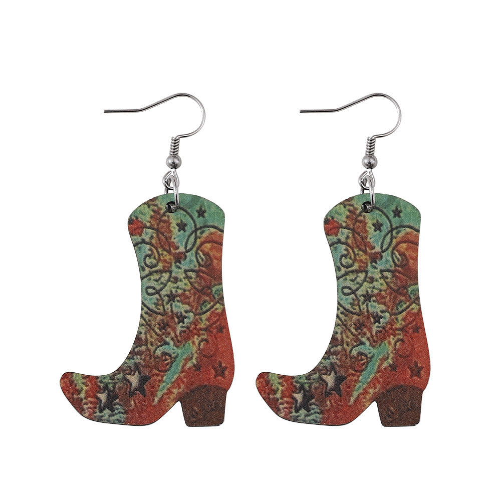 Wholesale Western Cowboy Boots Hat Pendant Double-Sided Printed Wooden Earrings