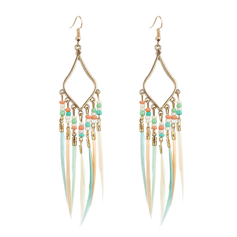Wholesale Bohemian Slim Feather Tassel Earrings