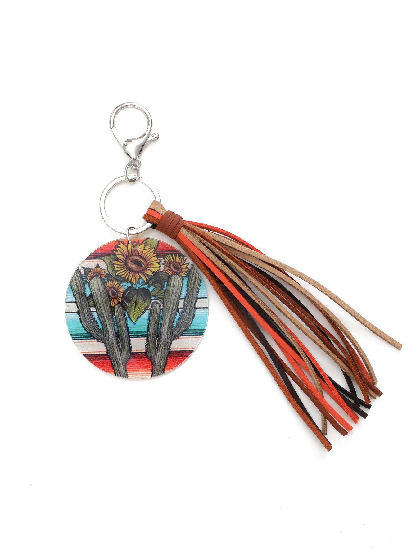 Wholesale Round Acrylic Cactus Sunflower Bull Head Print Tassel Keychain