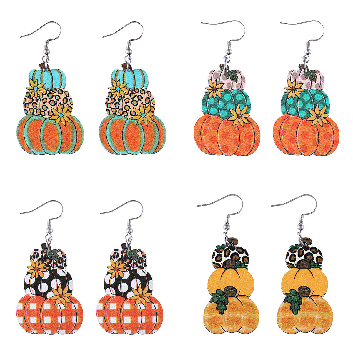 Wholesale Thanksgiving Wave Plaid Pumpkin Wooden Double-sided Earrings