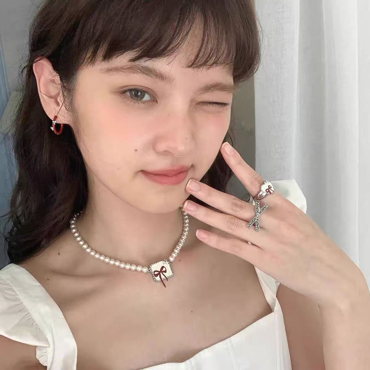 Wholesale Retro red French bow heart open ring