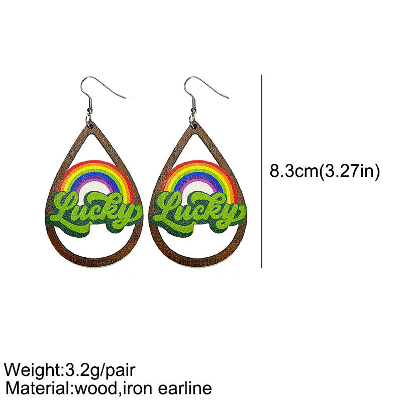 Wholesale 2 pairs/pack St. Patrick's Day Clover Green Rainbow Bearded Wooden Earrings