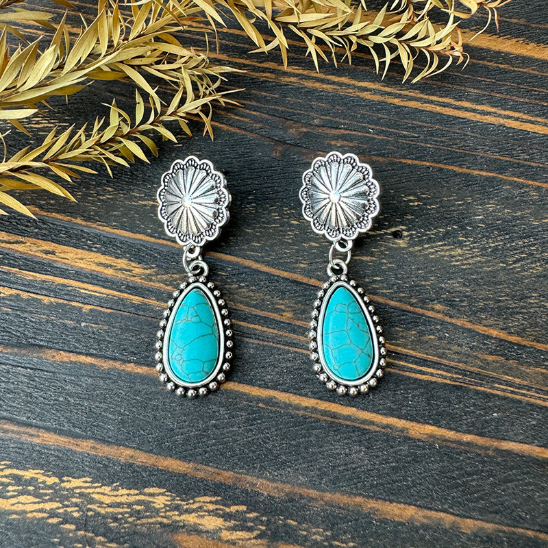 Wholesale Western Style Bull Head Sunflower Inlaid Turquoise Metal Earrings