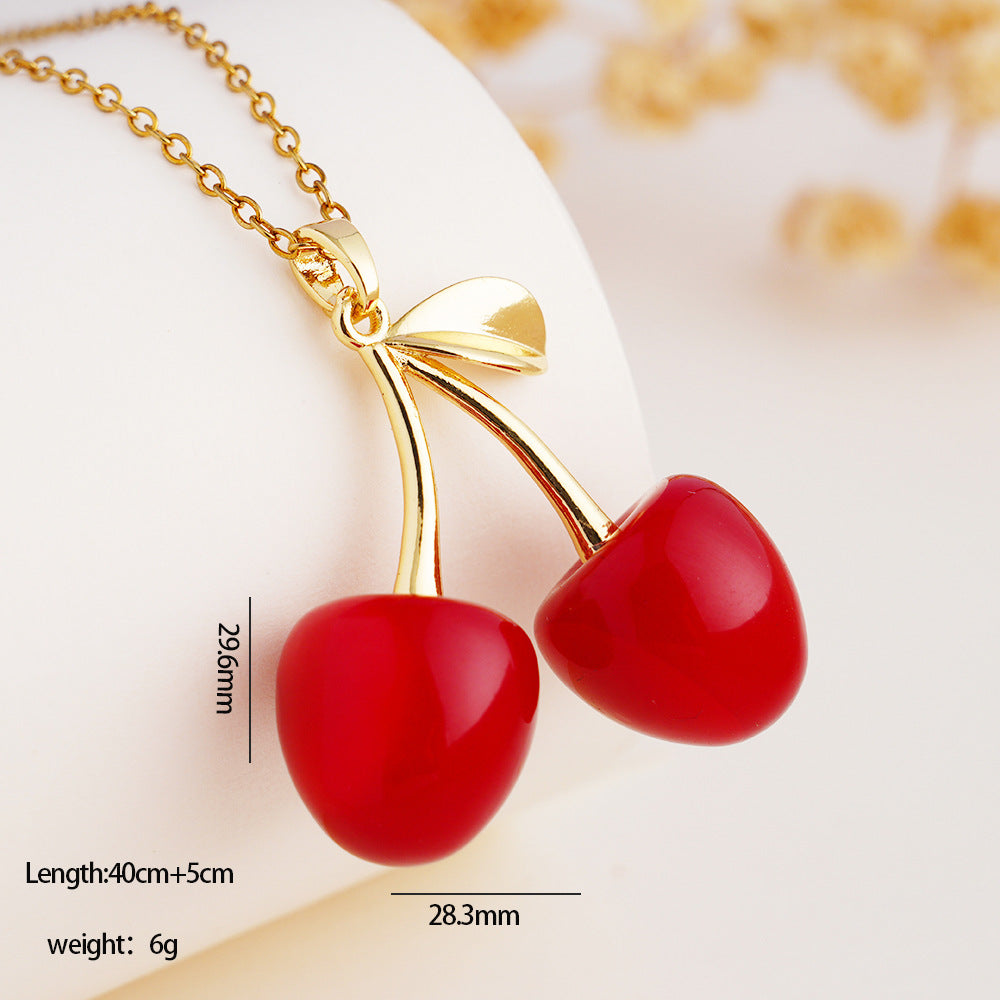 Wholesale Necklace for Women Fruit Red Cherry Pendant Metal Clavicle Necklace