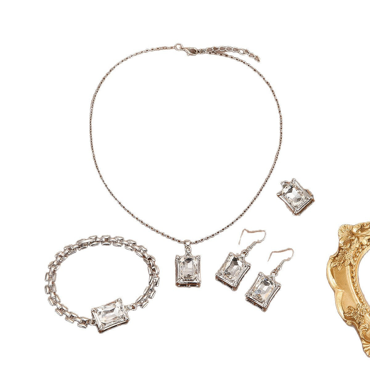 Wholesale Chic Rhinestone Jewelry Set Geometric Earrings Necklace Bracelet 4 Piece Set Zinc Alloy Boutique Resale