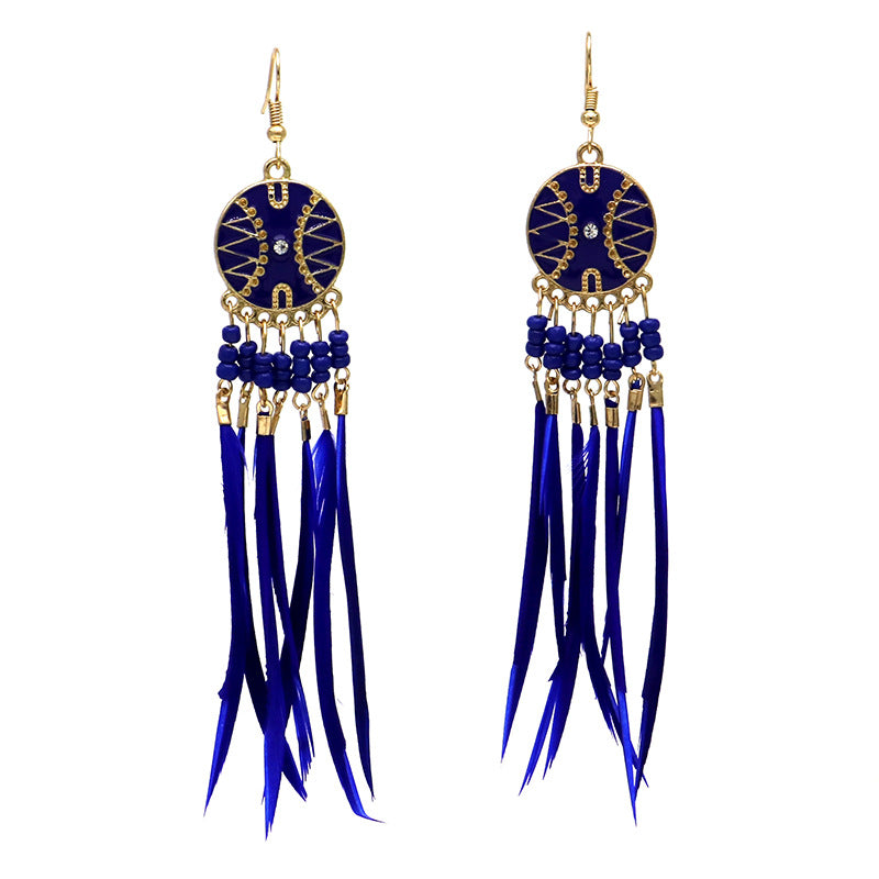 Wholesale Tassel Thin Feather Long Ethnic Style Earrings