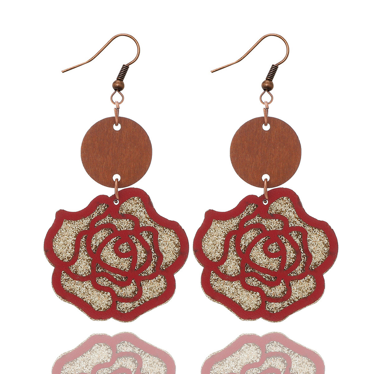 Wholesale Rose Flower Vintage Double Leather Wood Chip Earrings