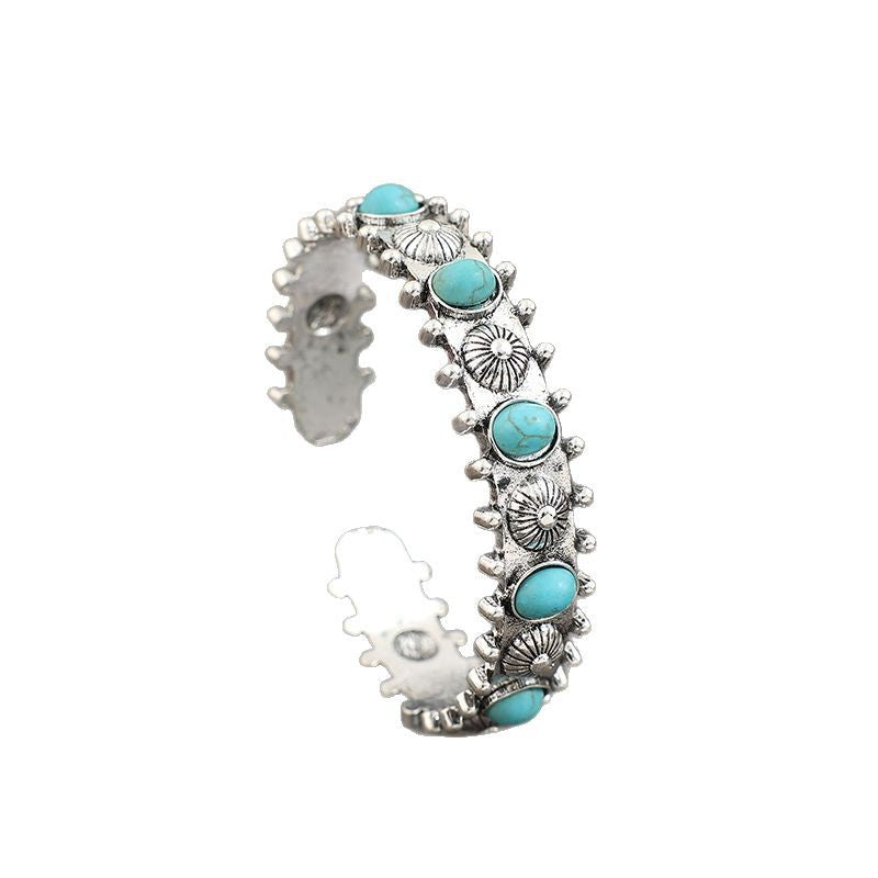Wholesale Vintage alloy inlaid multiple turquoise Bohemian open bracelet