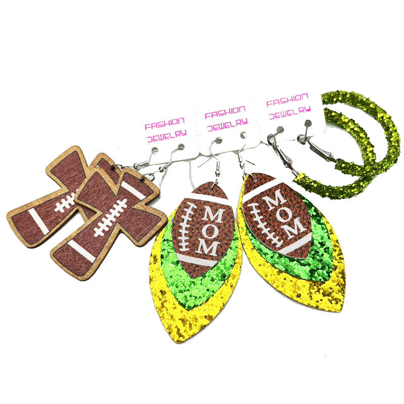 Wholesale 2 Sets Sports Rugby Field Cheer Football Cross Glitter Leather Earrings