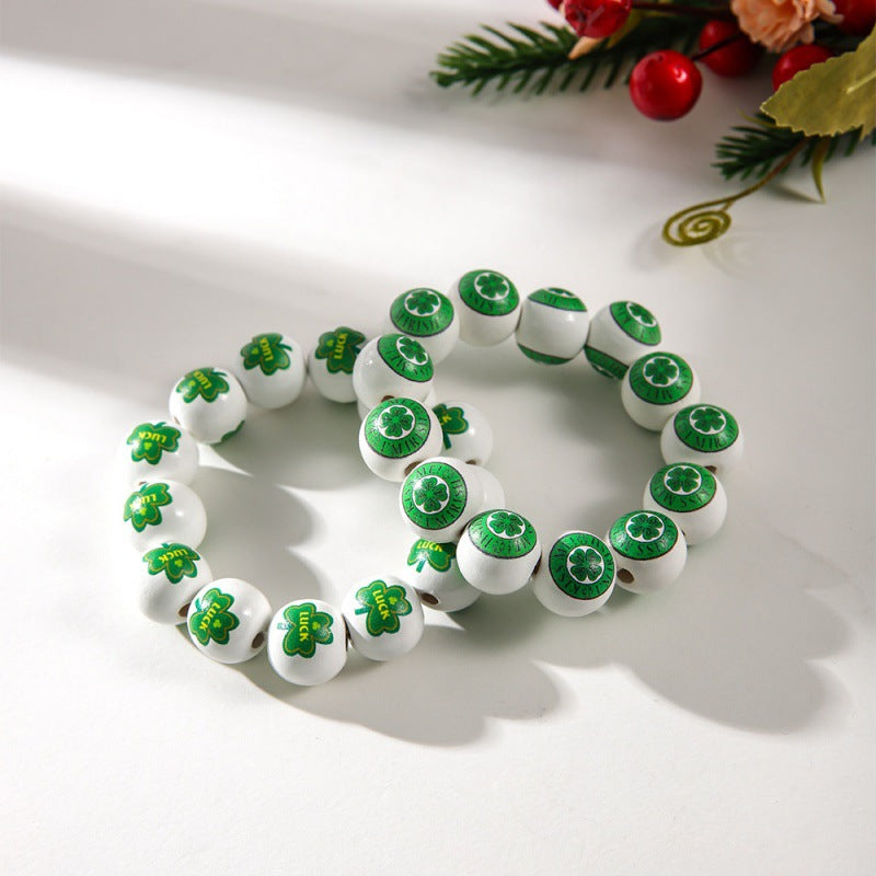 Wholesale St. Patrick's Day Wooden Beads Bracelet on White Background