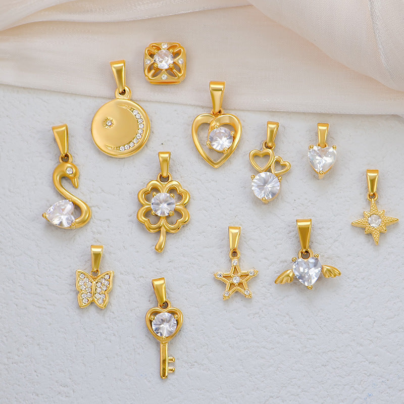 Wholesale 10pcs Diamond studded heart-shaped clover butterfly stainless steel pendant