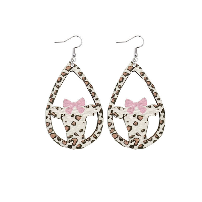 Wholesale Pink Bow Cow Droplets Wooden Hollow Earrings
