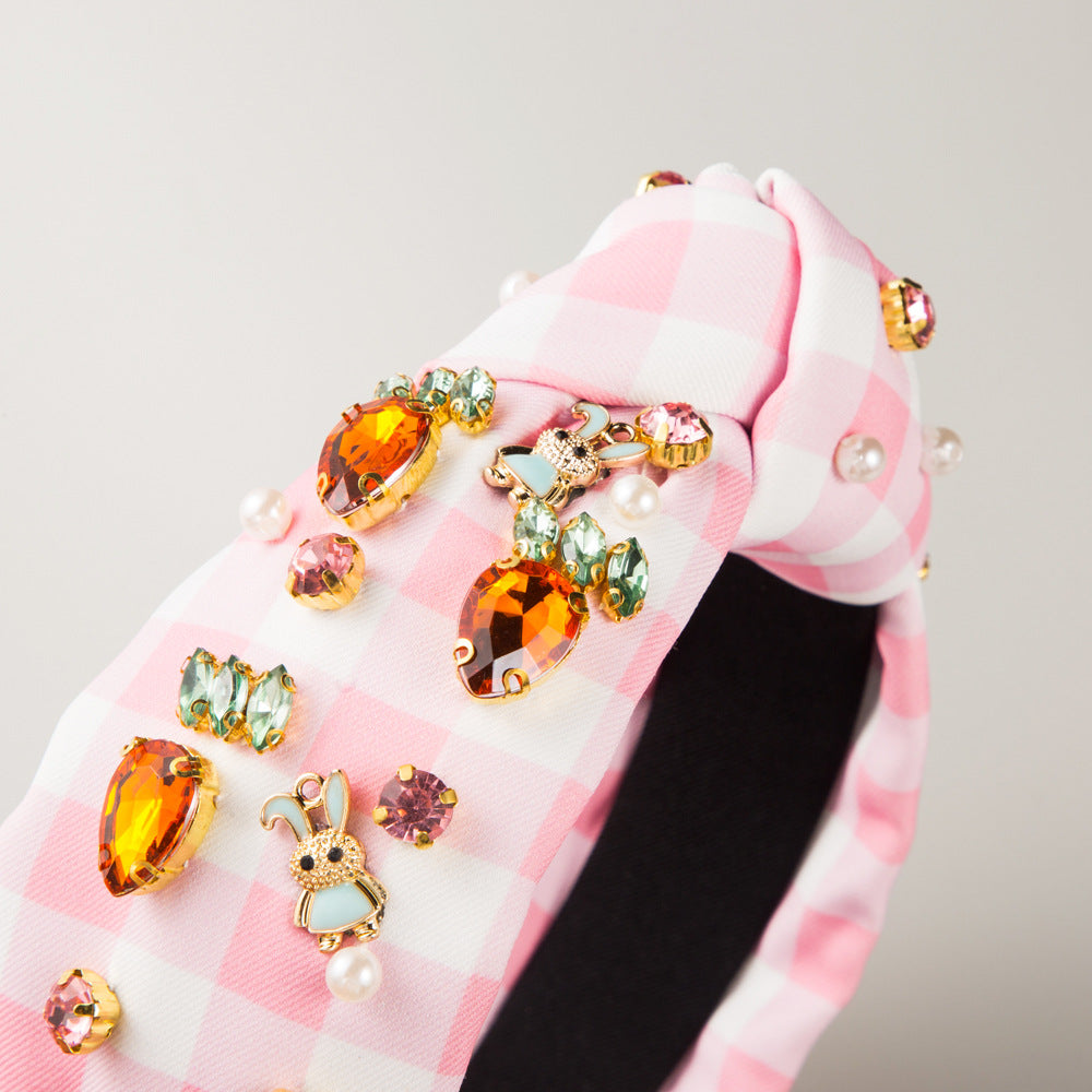 Wholesale Easter Mesh Fabric Hand-stitched Glass Diamond Rabbit Headband