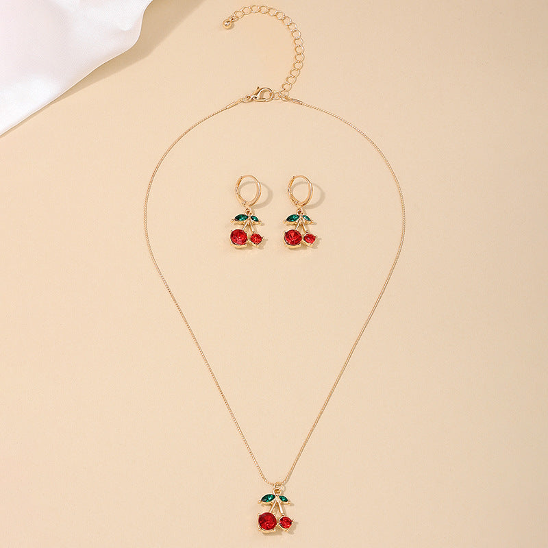 Wholesale 3pcs/set Set Summer Sweet Cute Metal Red Cherry Necklace Earrings
