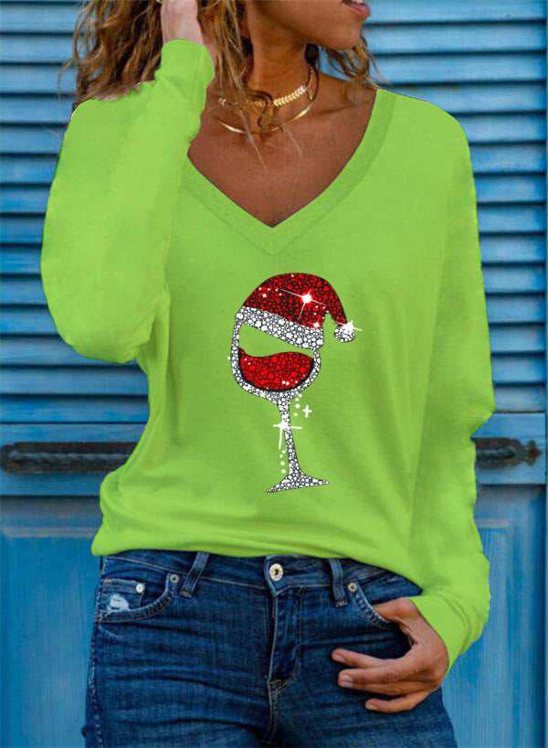 Wholesale Valentine's Day Long Sleeve Women's Long Sleeve Cup Printing Long Sleeve V-neck T-shirt