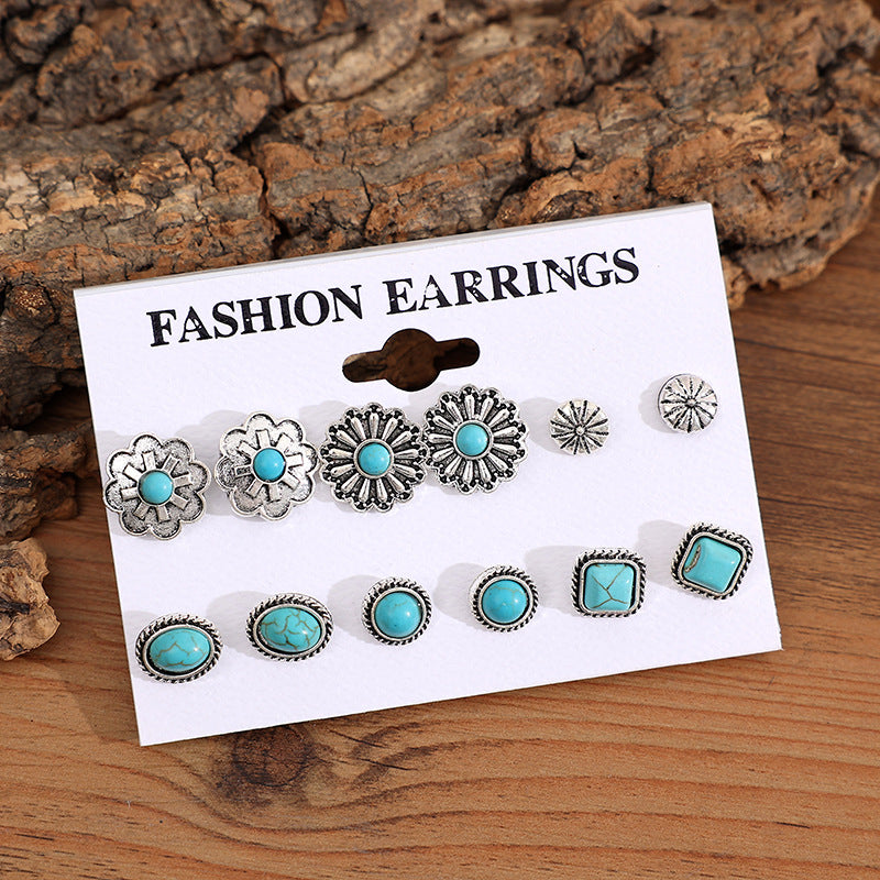 Wholesale Retro Western Style Geometric Multi-piece Set of Turquoise Stud Earrings