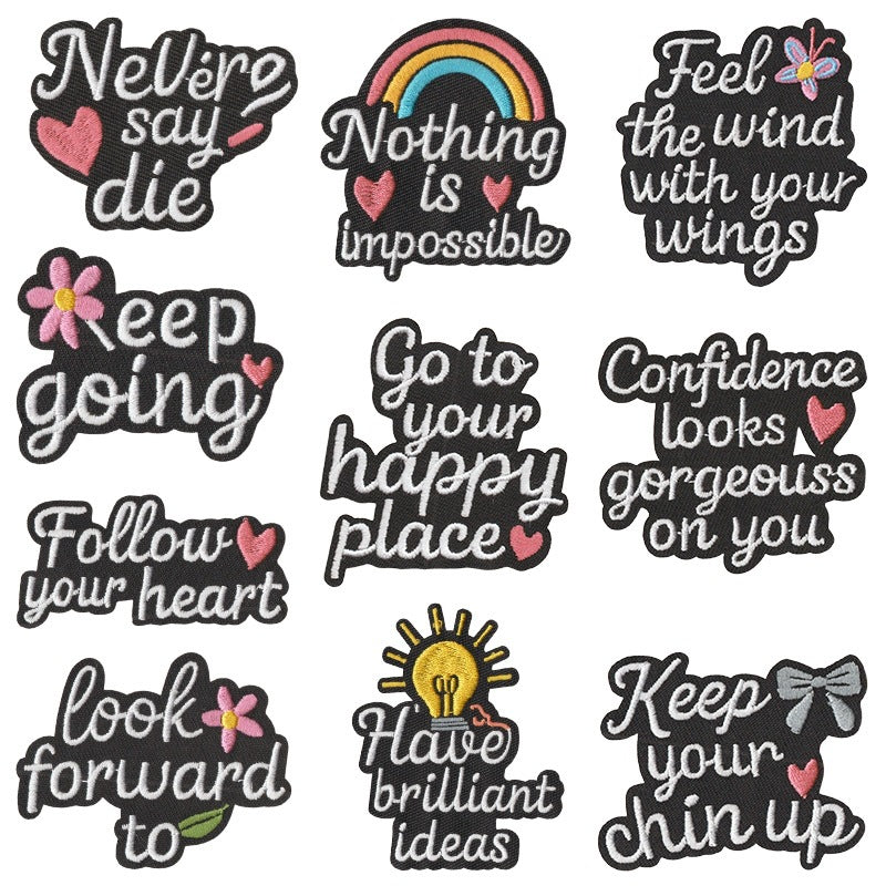 Wholesale Cartoon English Quote Embroidered Patches Set Of 10 Heat Activated Adhesive Back Decorative Craft Supply For Clothing Bags Towels Everyday DIY Accessory Boutique Resale Gift