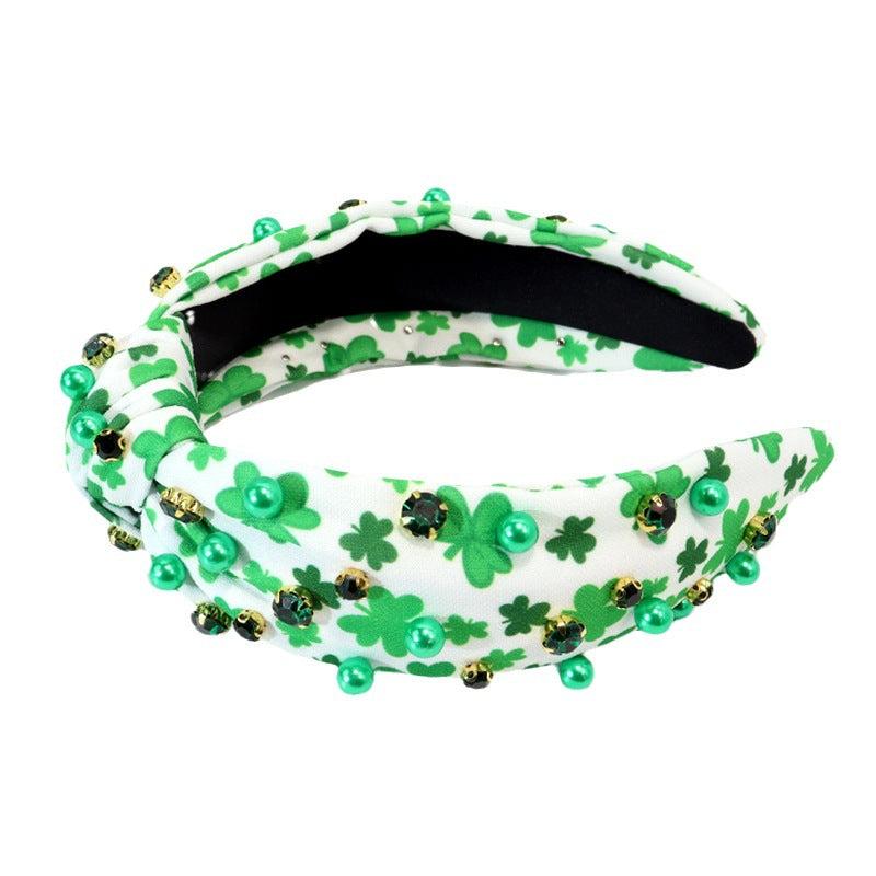 Wholesale Diamond Check Headband Retro Wide-rim Printed Plant Clover Knotted Headband Holiay Hair Accessories
