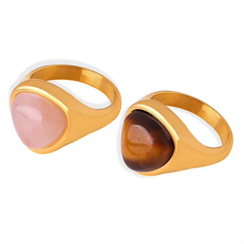 Wholesale Natural Rose Quartz Tiger Eye Stone Retro Couple Rings Titanium Steel Ring