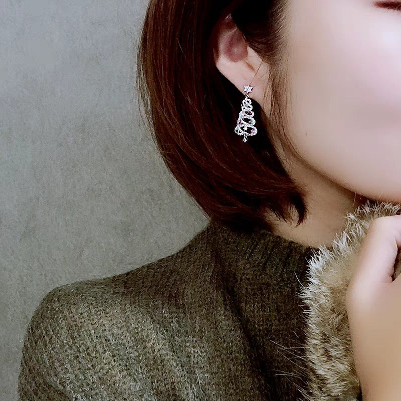 Wholesale New Colorful Diamond-encrusted Christmas Tree Trendy Personality Silver Pin Stud Earrings