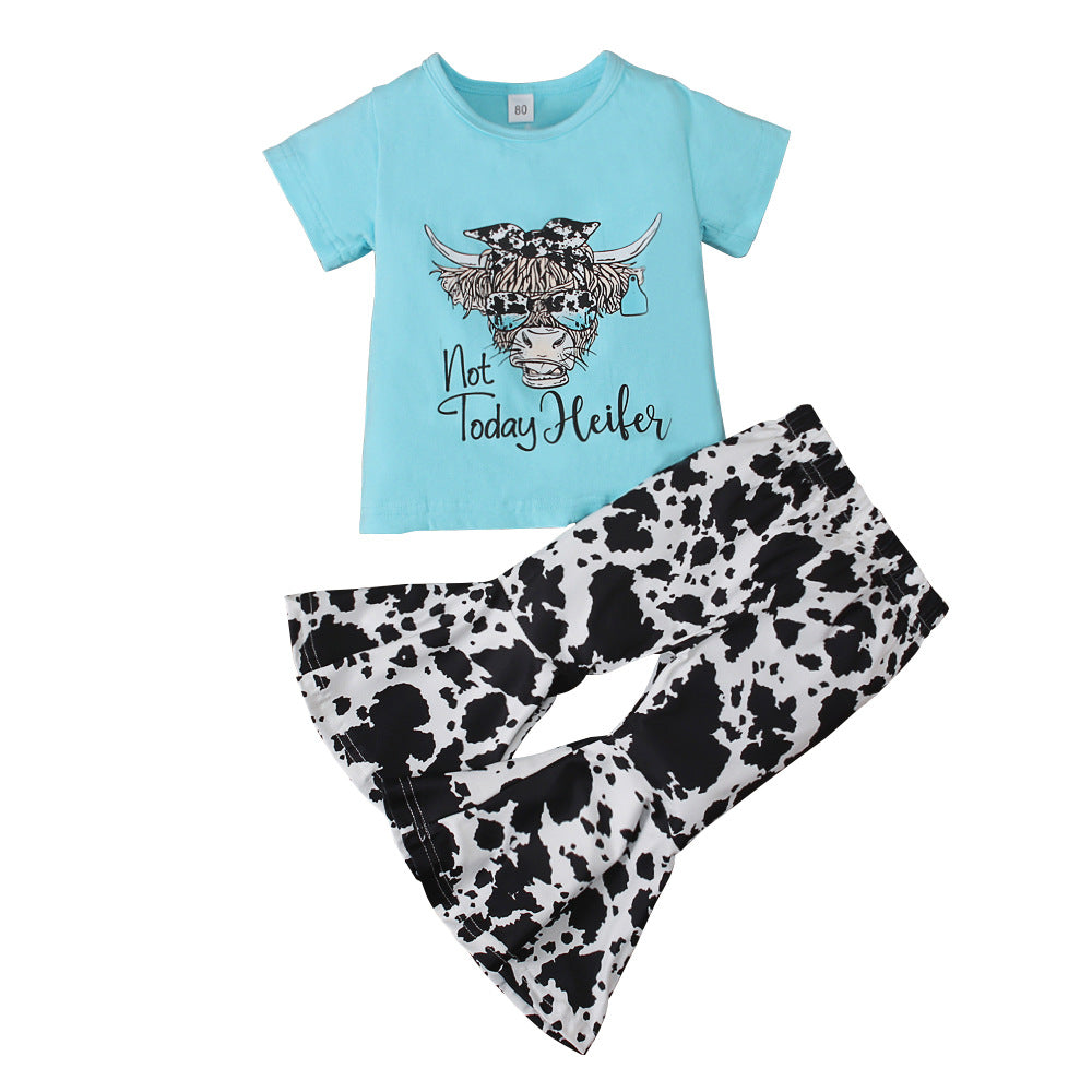 Wholesale Children's Western Style Short Sleeve Cow Pattern Pants Cow Head Suit