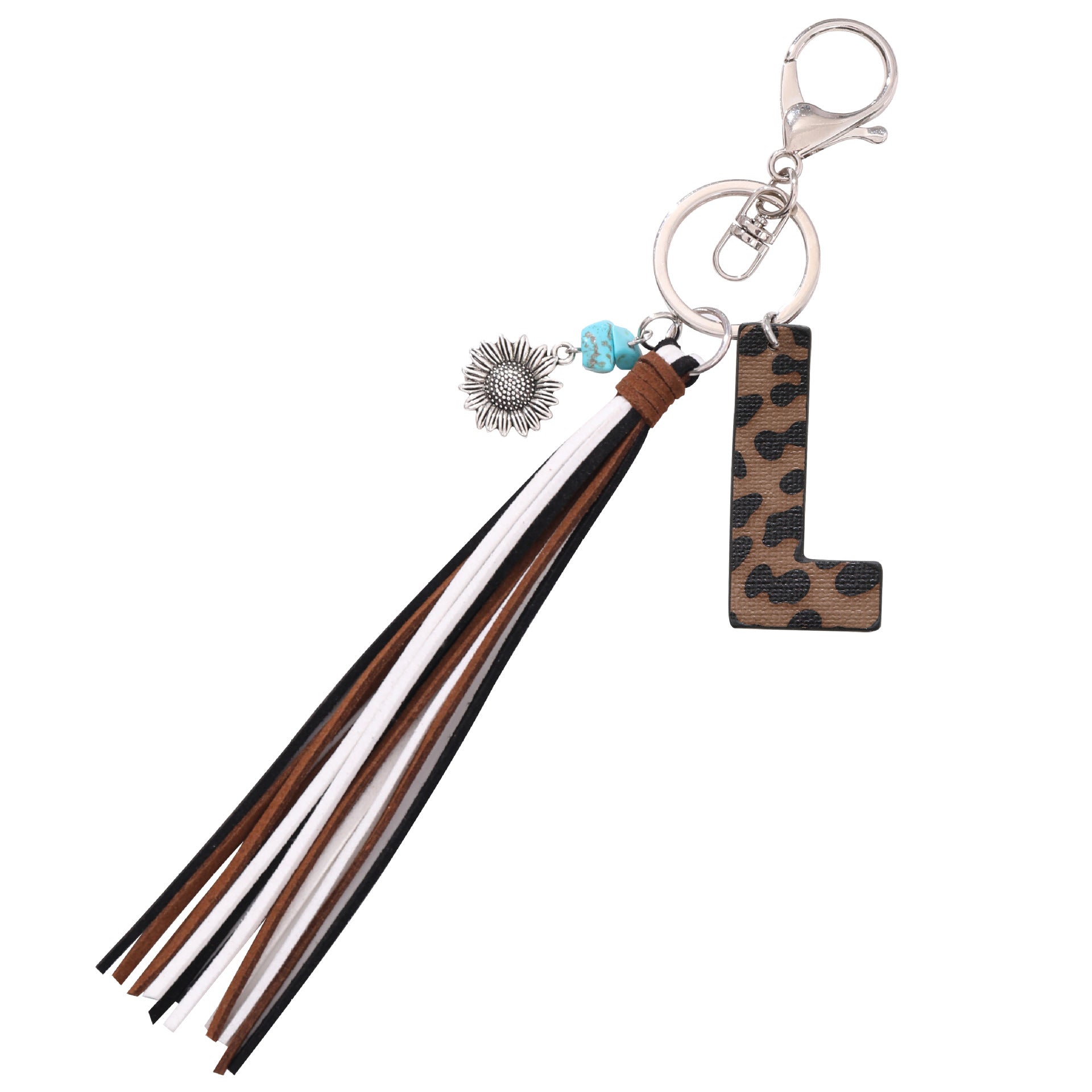 Wholesale Western Cowboy Style Leopard Oil Edge Leather Letter Tassel Keychains
