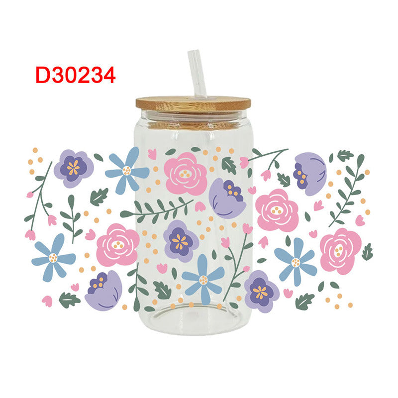 Wholesale Colorful flowers branches and leaves 16oz Cup UV DTF Wraps