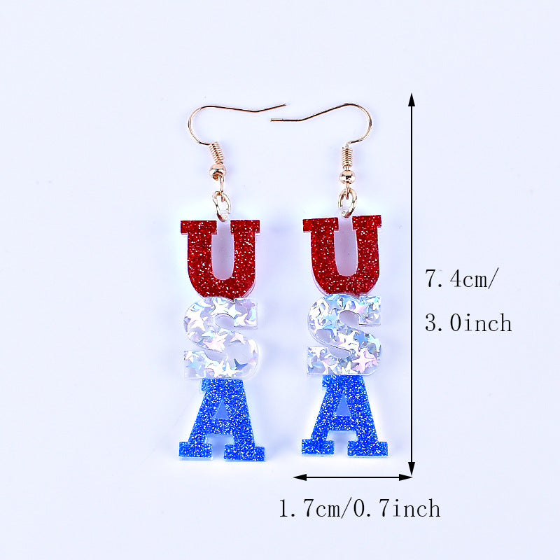 Wholesale American Independence Day Red White and Blue Striped Flag Love Heart Five-pointed Star Earrings