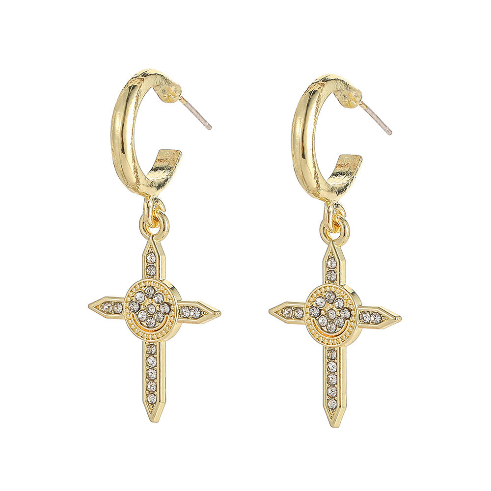 Wholesale Cross Full Diamond C Shape Metal Earrings