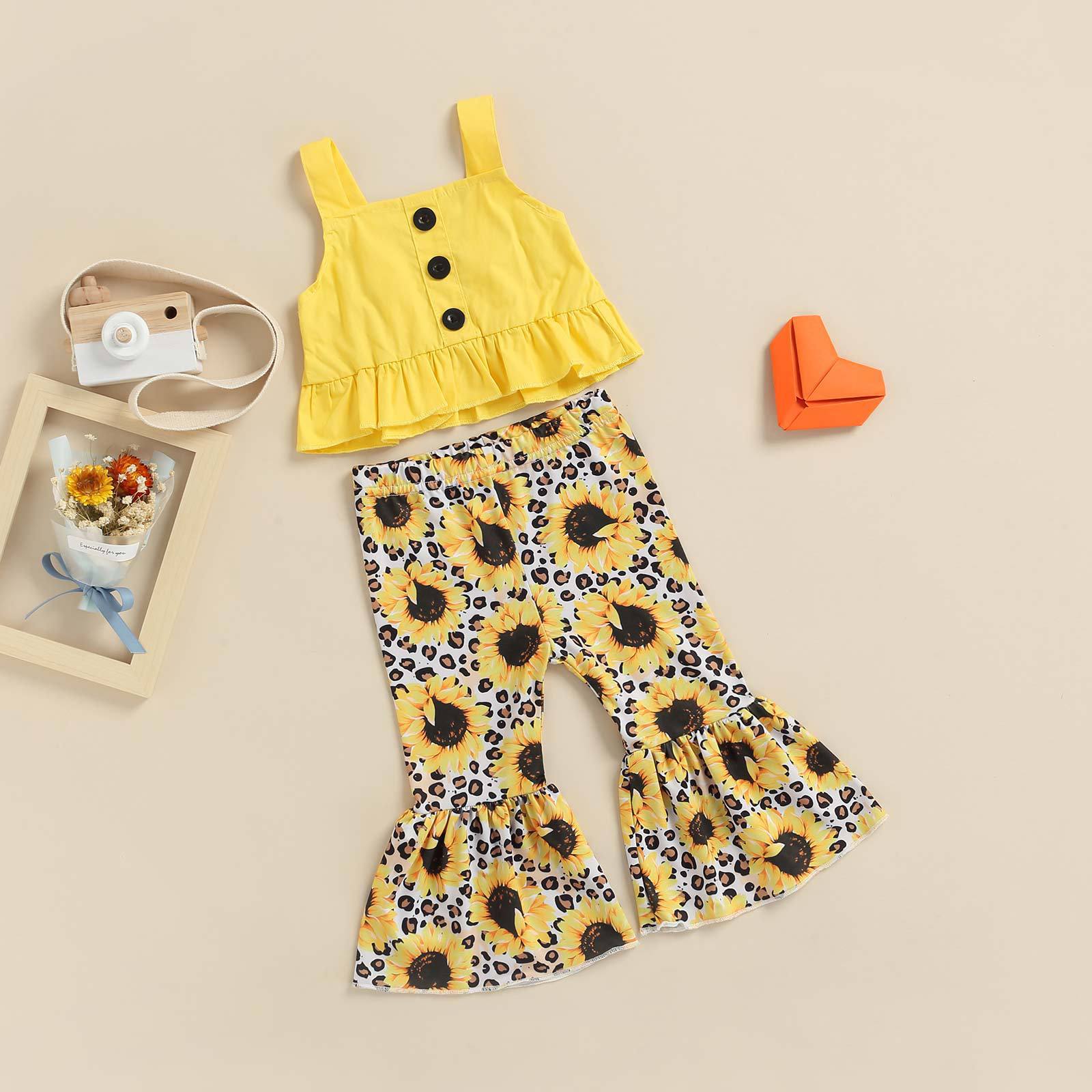 Wholesale Cotton Children's Camisole Flower Flared Pants Suit