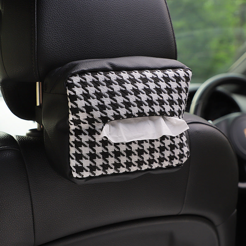 Wholesale Knitting Houndstooth Car Seat Back Hanging Type Leather Tissue Drawer
