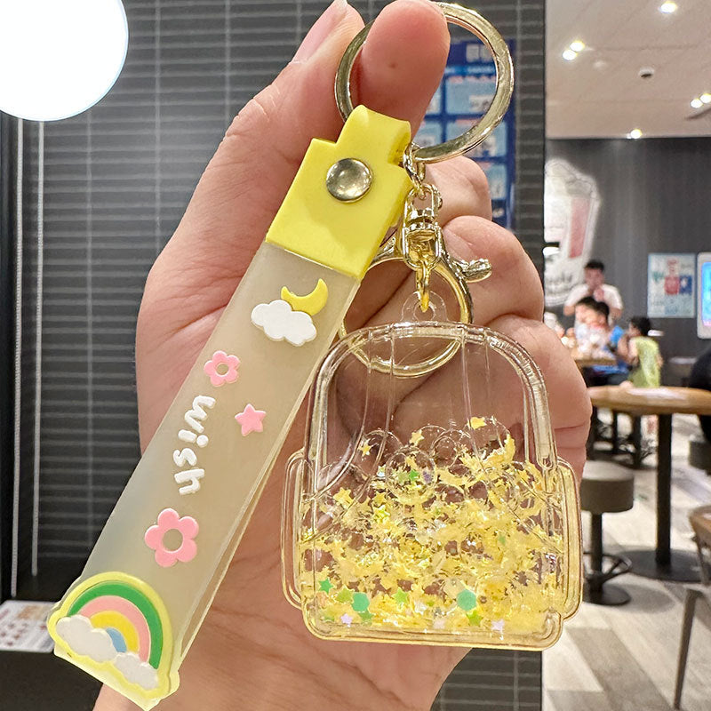 Wholesale Oil-filled Drift Bottle Schoolbag Acrylic Keychain