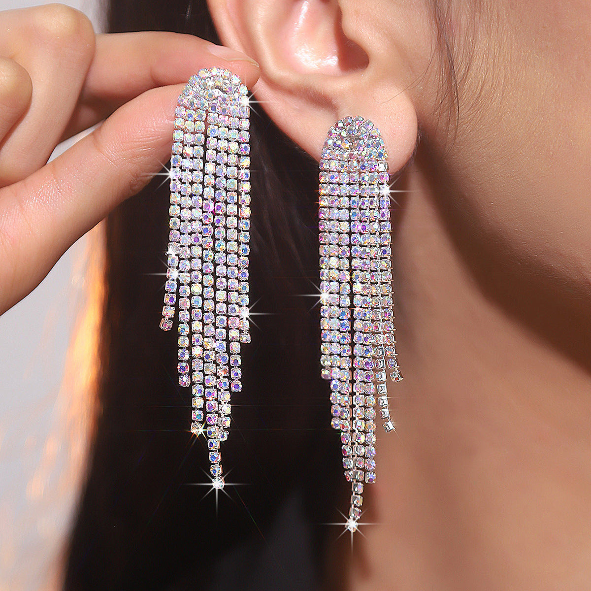 Wholesale AB Rhinestone Long Tassel Earrings