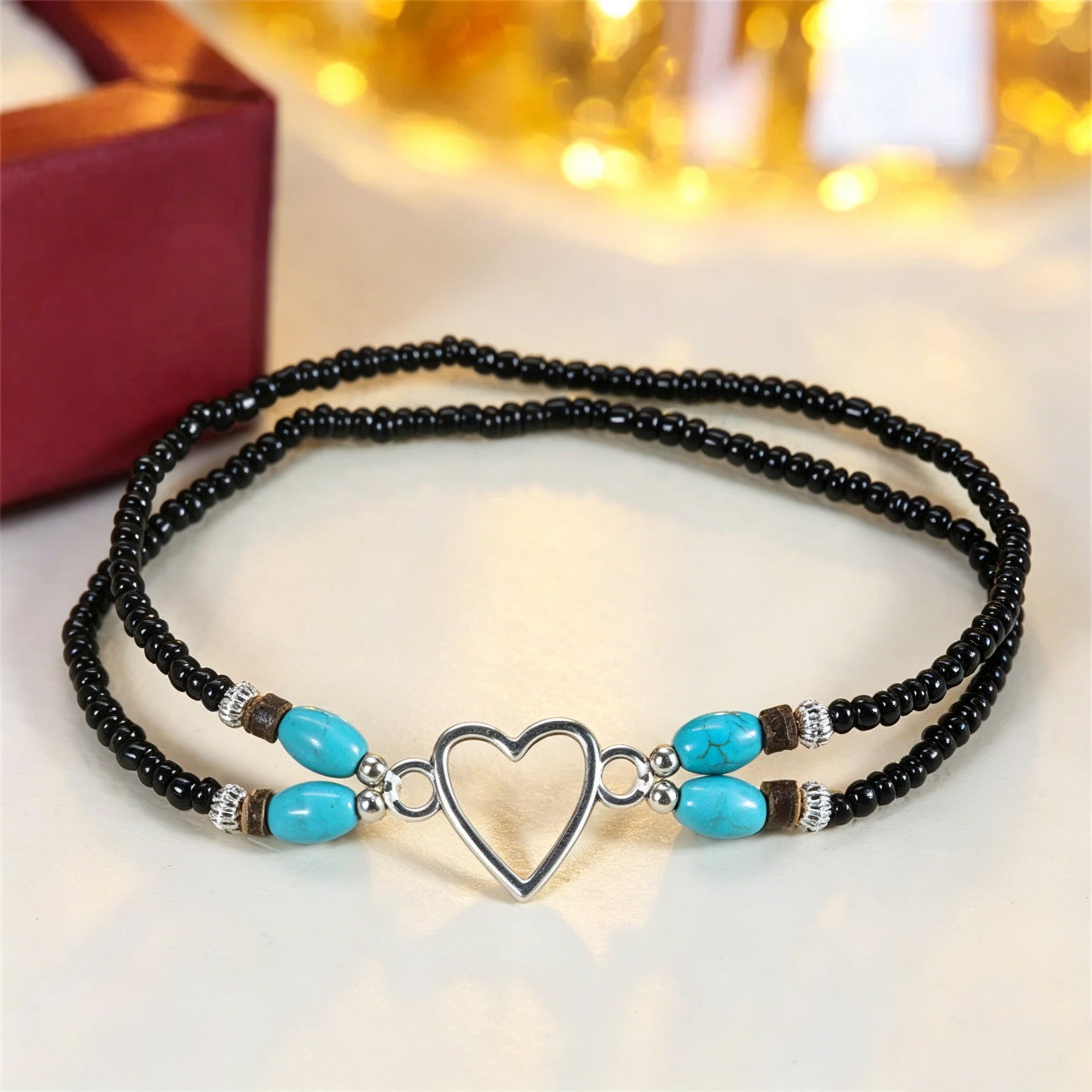 Wholesale Vacation Style Double Heart Beaded Elastic Ankle Bracelet Unisex Fashion Jewelry Accessory For Couples Gift And Boutique Resale