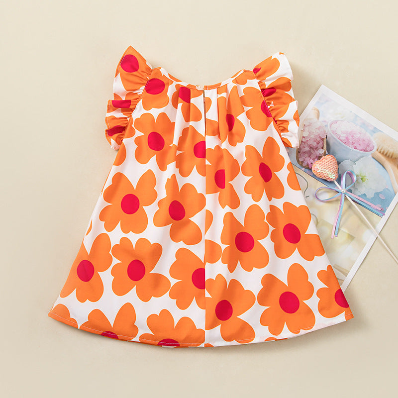 Wholesale Chic Summer Girls A Line Dress With Sunflower Print Flutter Sleeves Polyester Casual Everyday Wear