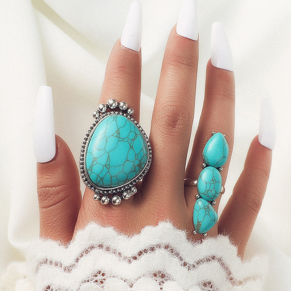 Wholesale Vintage Bohemian Large Turquoise 2-Piece Ring Set