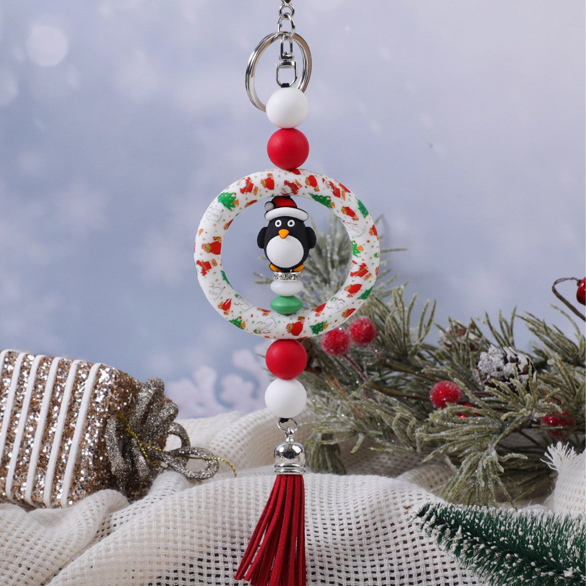 Wholesale Christmas Decoration DIY Beaded Circle Silicone Keychain Bag