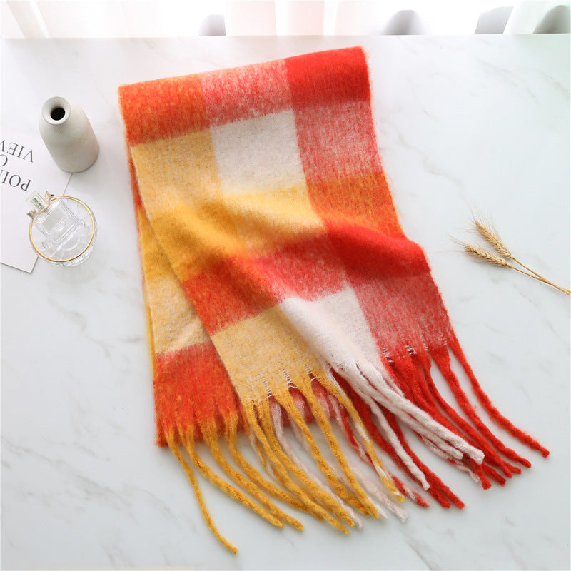 Wholesale Plaid Tassel Autumn/winter Rainbow Color Blocking and Contrasting Imitation Cashmere Warm and Thick Scarf