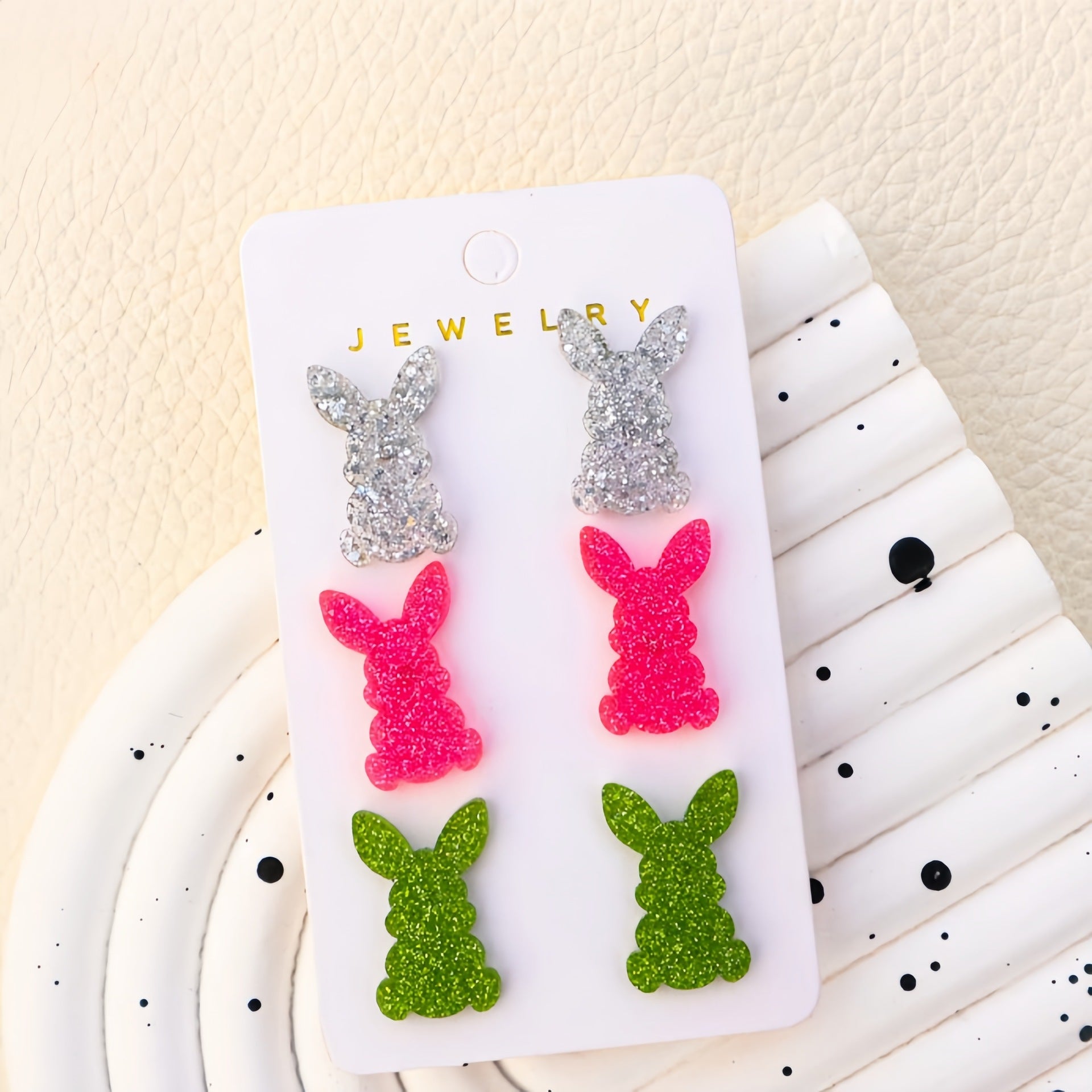 Wholesale Easter Bunny Set of Three Pair of Multicolor Rainbow Girls' Heart Cute Acrylic Earrings
