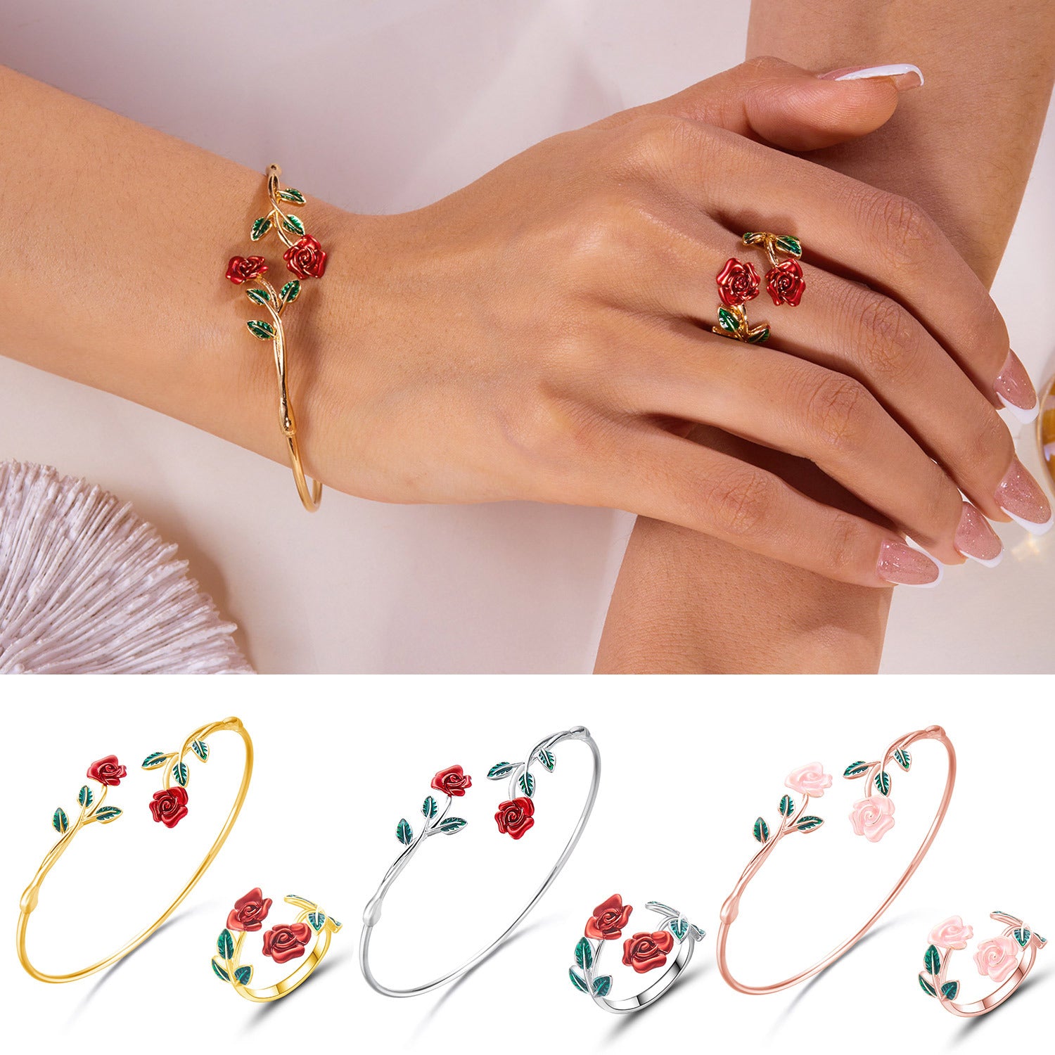 Wholesale Alloy Oil Drop Rose Open Bracelet Ring Set
