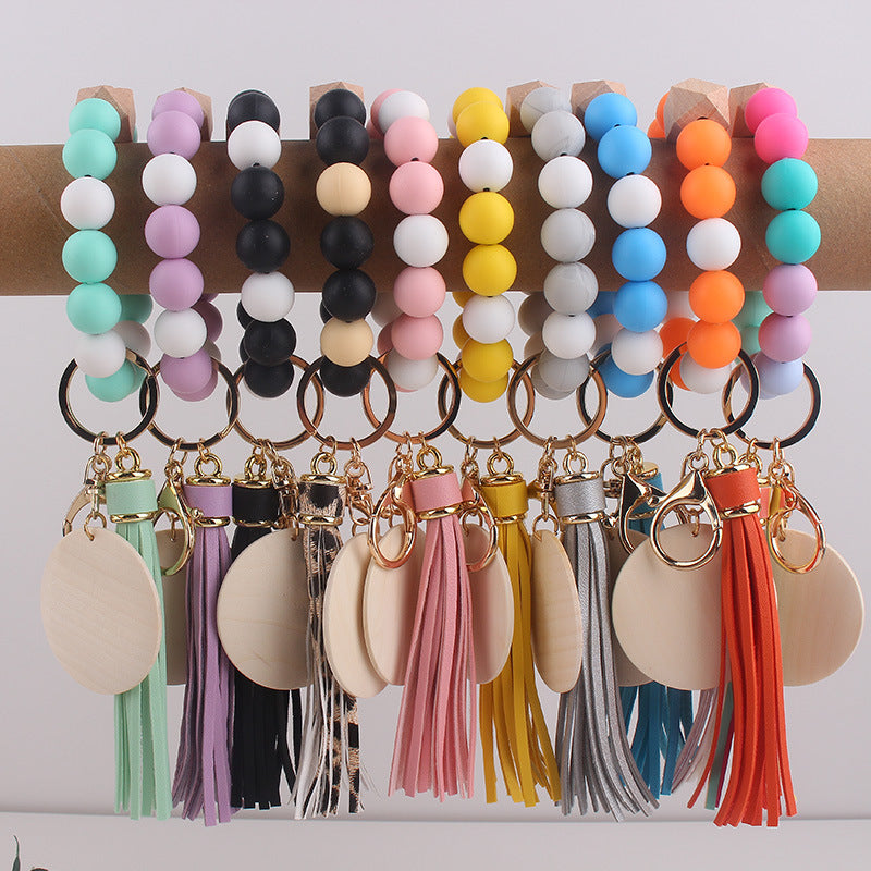 Wholesale Silicone Round Bead Leather Bracelet Wrist Keychain