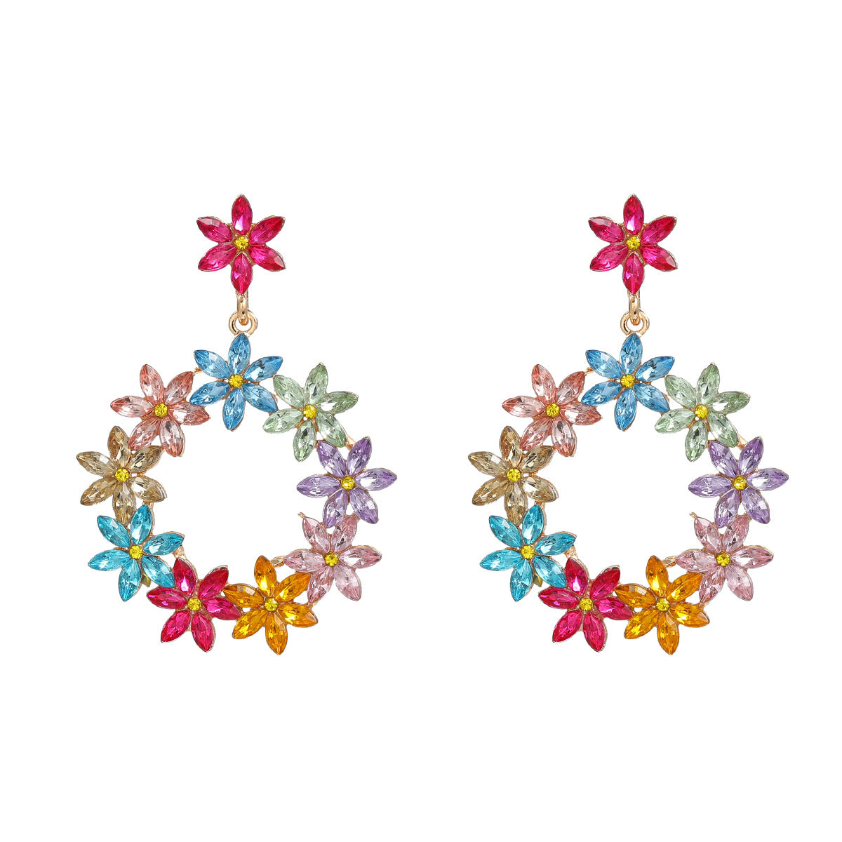 Wholesale Full Color Diamond Flower Round Earrings