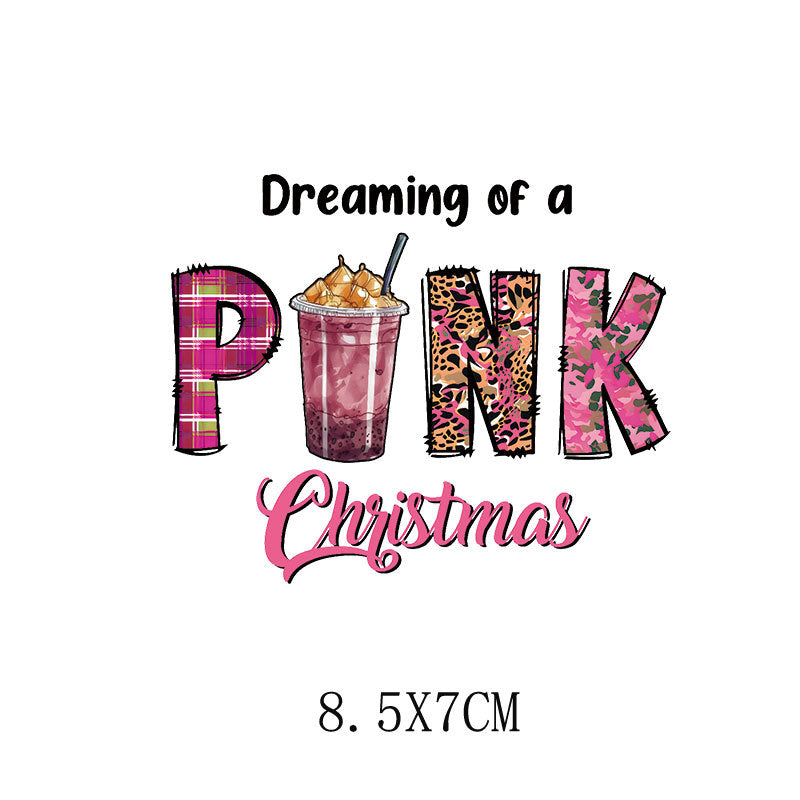 Wholesale 5pcs/pack  Pink Christmas Cartoon House Heat Transfer Pattern Clothing Sticker   UV DTF Ready to Press Transfers Wraps