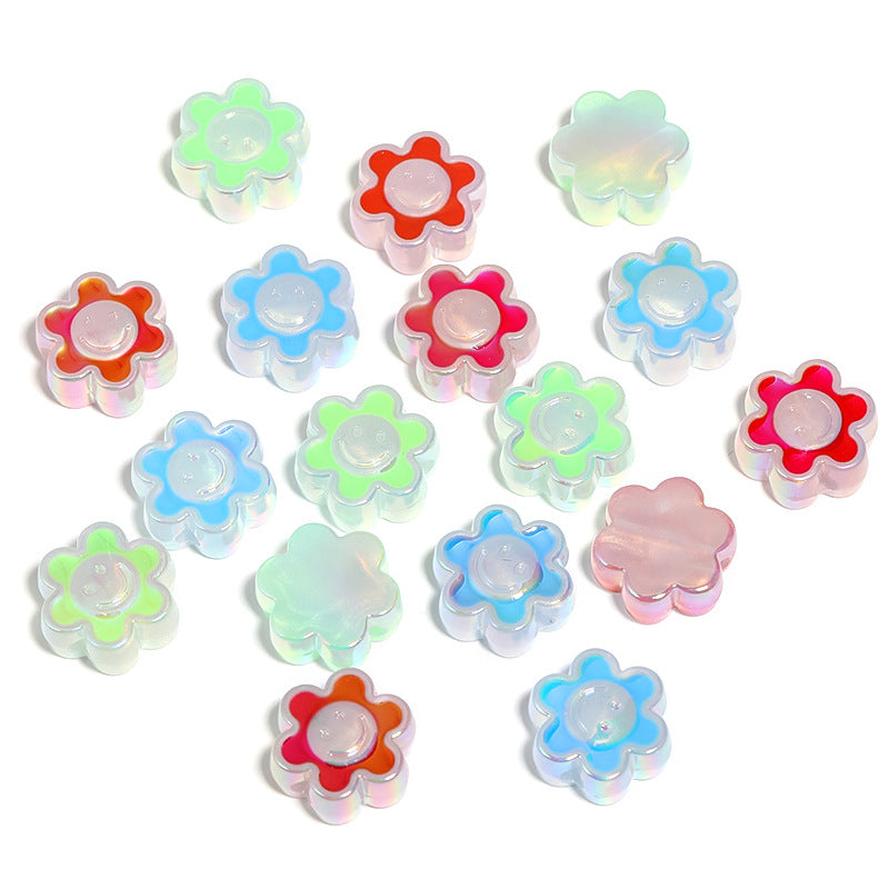 Wholesale 100pcs Luminous Acrylic Drip Oil Beads Smiley Face Sunflower DIY Straight Hole Beads
