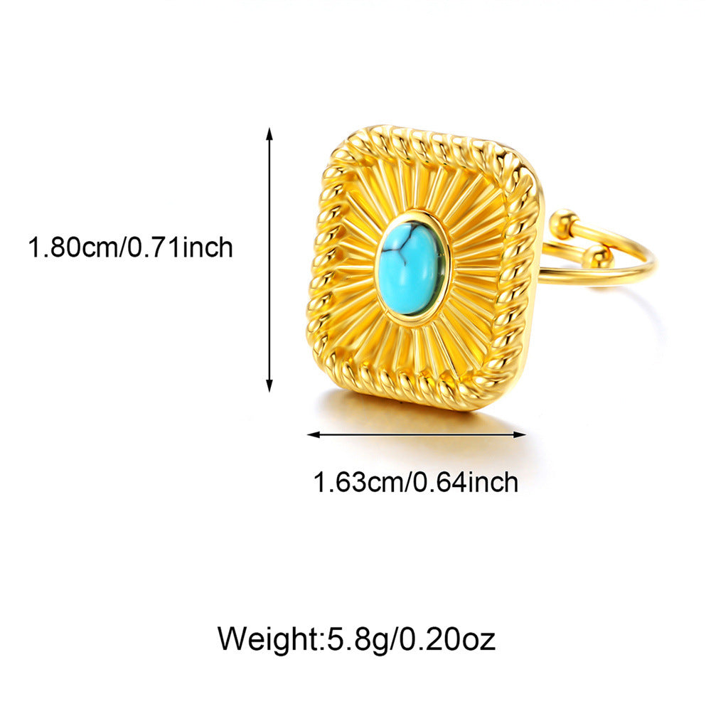 Wholesale 18K Gold Plated Square Turquoise Blue Ring Women S French Vintage Court Style Fashion Accessory